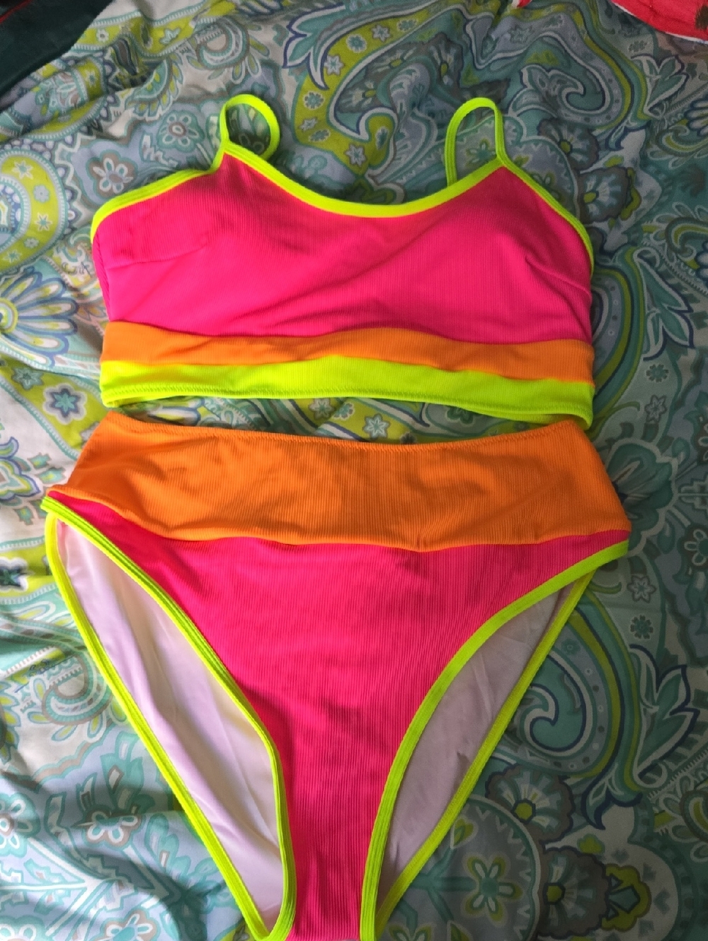 Neon Pink & Orange High-Waist Bikini Set Size XXL